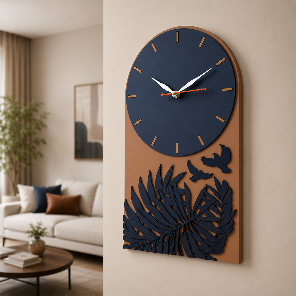 ALVENZA Tropical Leaf Bird Designer Layered MDF Wall Clock Modern Luxury Home