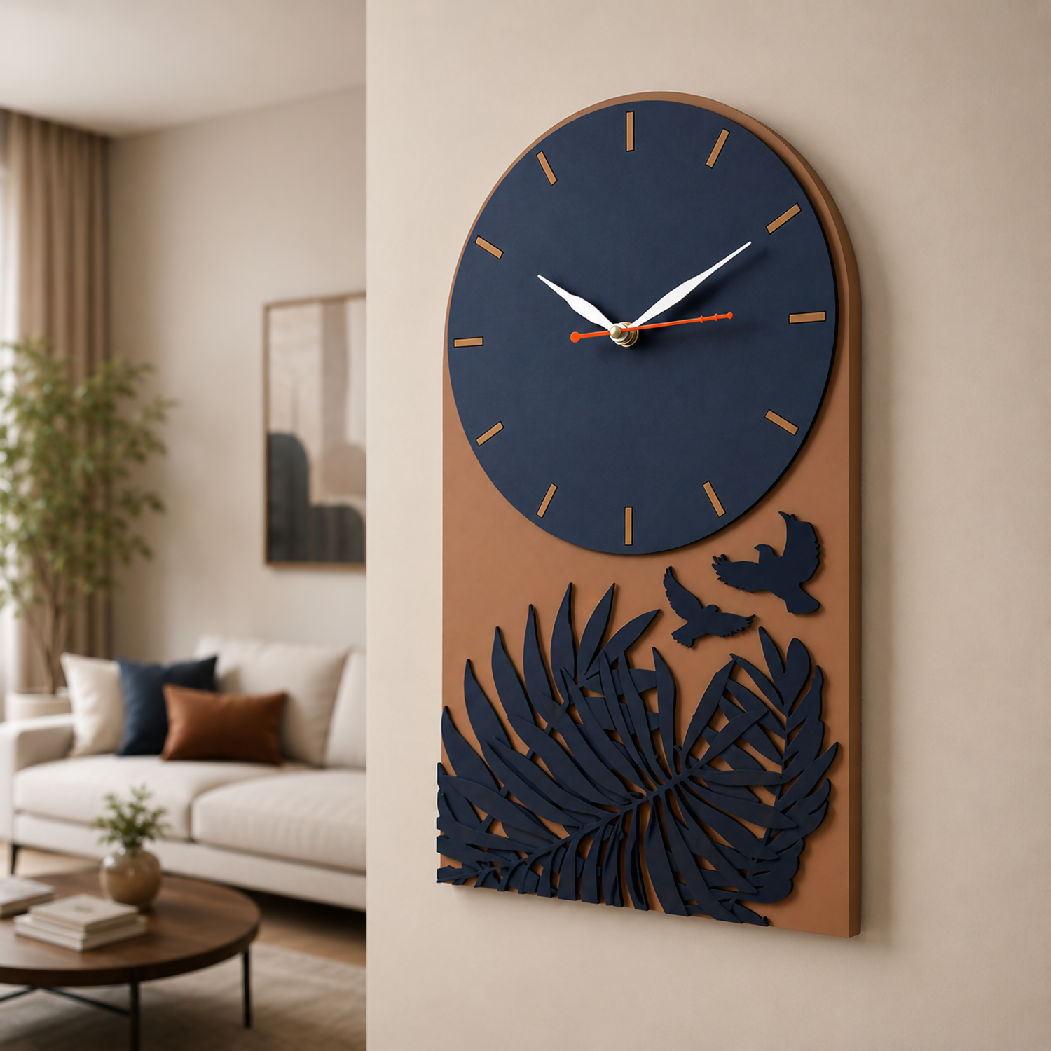 ALVENZA Tropical Leaf Bird Designer Layered MDF Wall Clock Modern Luxury Home