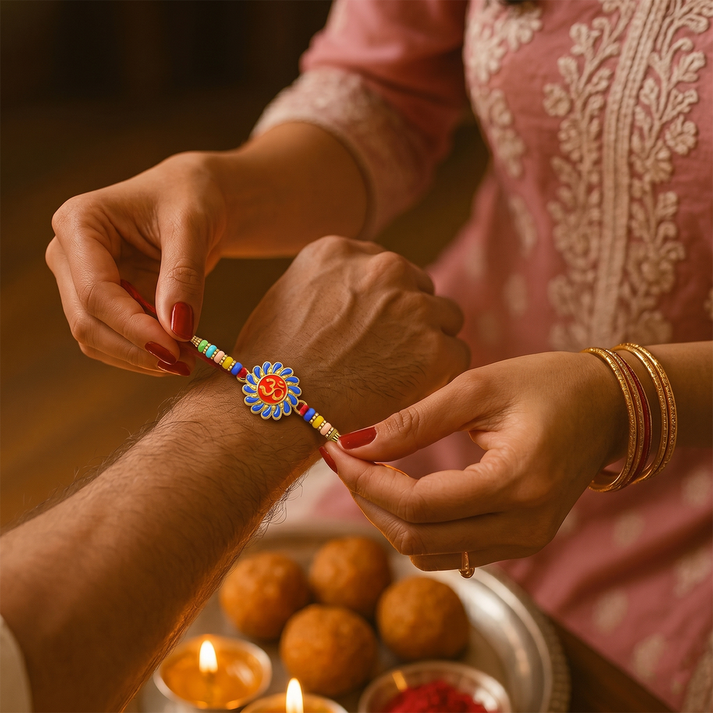 ALVENZA Om Rakhi – Multicolor Beads & Soft Thread for Brother
