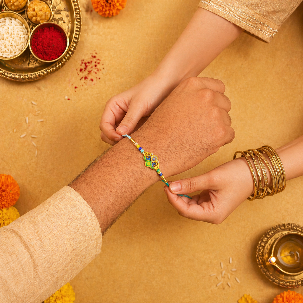 ALVENZA Rakhi – Traditional Colorful Beads and Yellow Thread for Brother