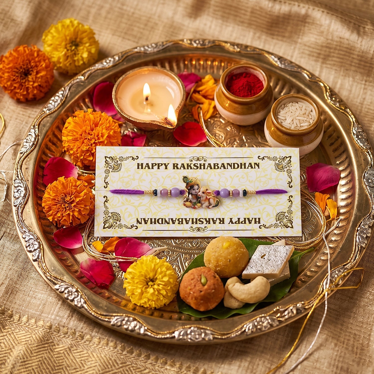 ALVENZA Bal Krishna Rakhi – Divine Cow & Beaded Tradition for Raksha Bandhan