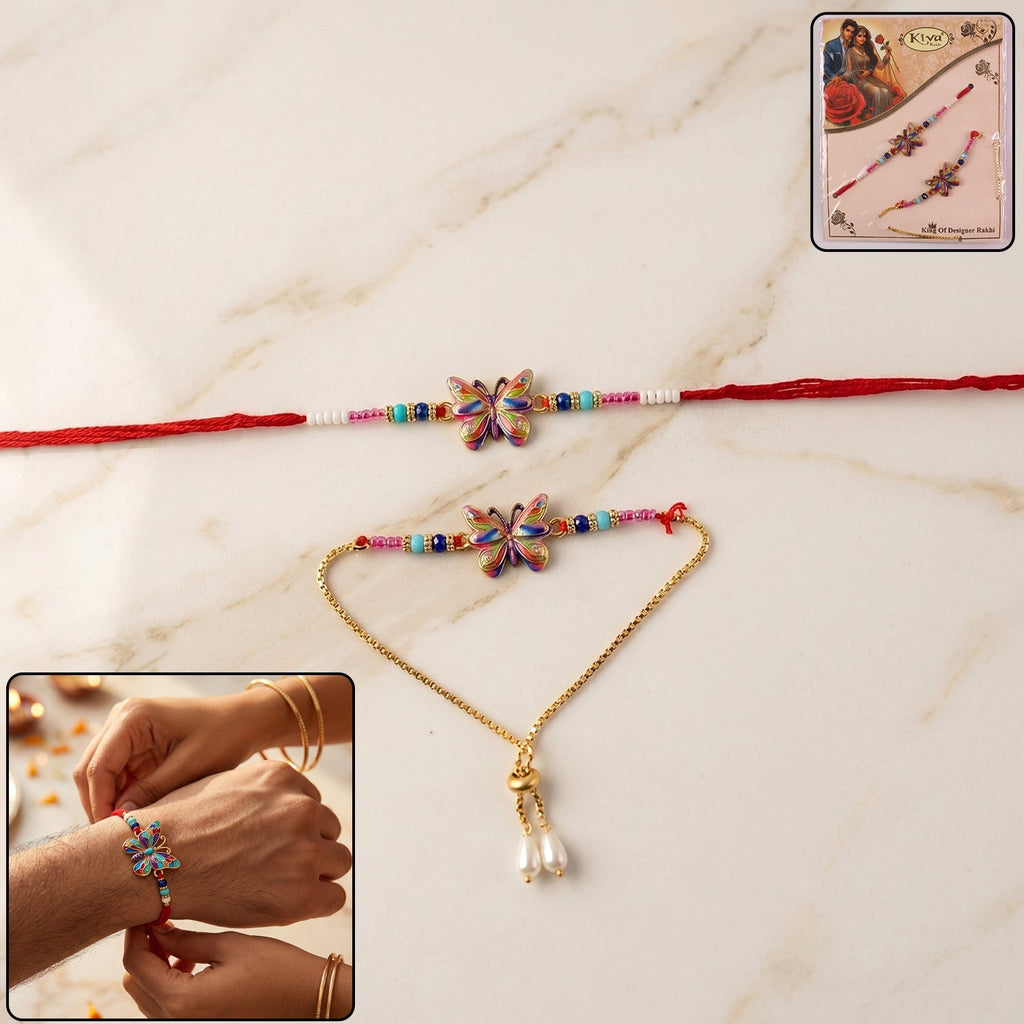 ALVENZA Premium Rainbow Butterfly lumba Rakhi, Elegant Beads & Soft Thread