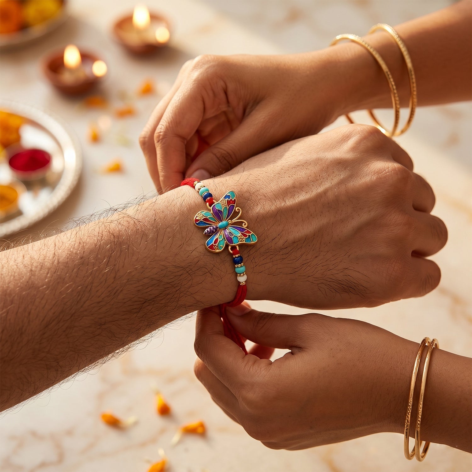 ALVENZA Premium Rainbow Butterfly lumba Rakhi, Elegant Beads & Soft Thread