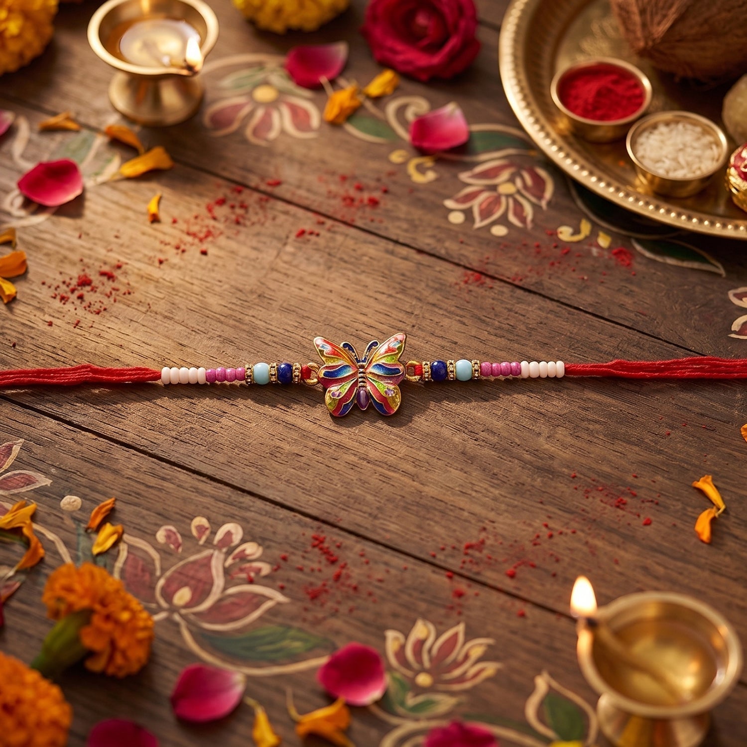 ALVENZA Premium Rainbow Butterfly lumba Rakhi, Elegant Beads & Soft Thread