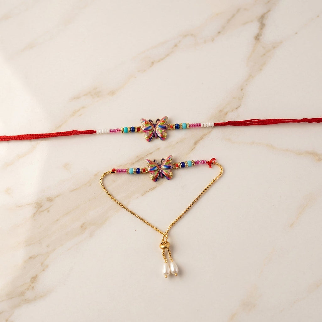 ALVENZA Premium Rainbow Butterfly lumba Rakhi, Elegant Beads & Soft Thread