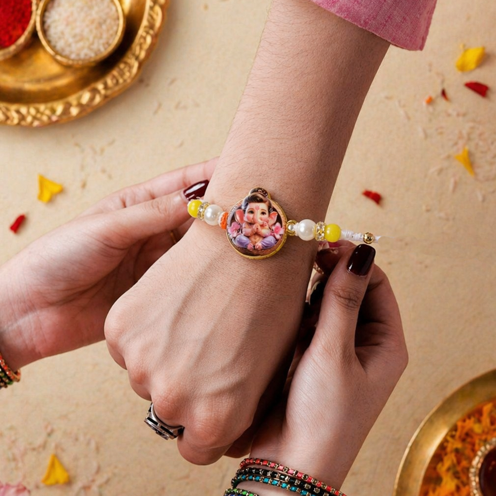 ALVENZA Ganesh Ji Rakhi – Vibrant Yellow Beads with Soft Thread for Raksha Bandhan
