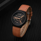 Black Round Dial Watch – Elegant Design with Tan Leather Strap