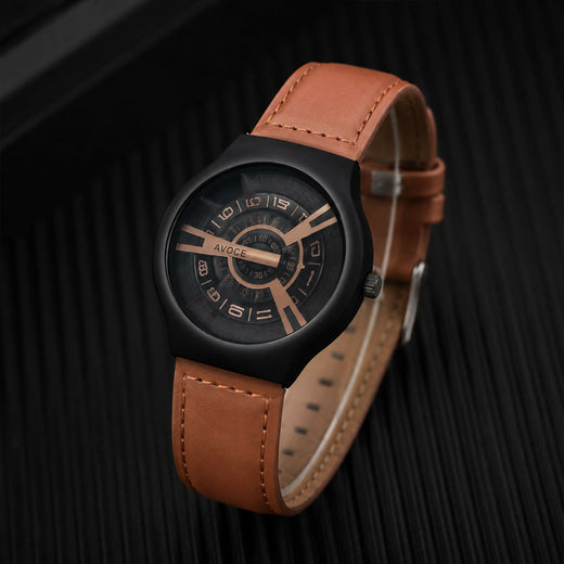 Black Round Dial Watch – Elegant Design with Tan Leather Strap