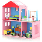 ALVENZA Wooden Doll House Set with 4 Furnished Rooms for Girls