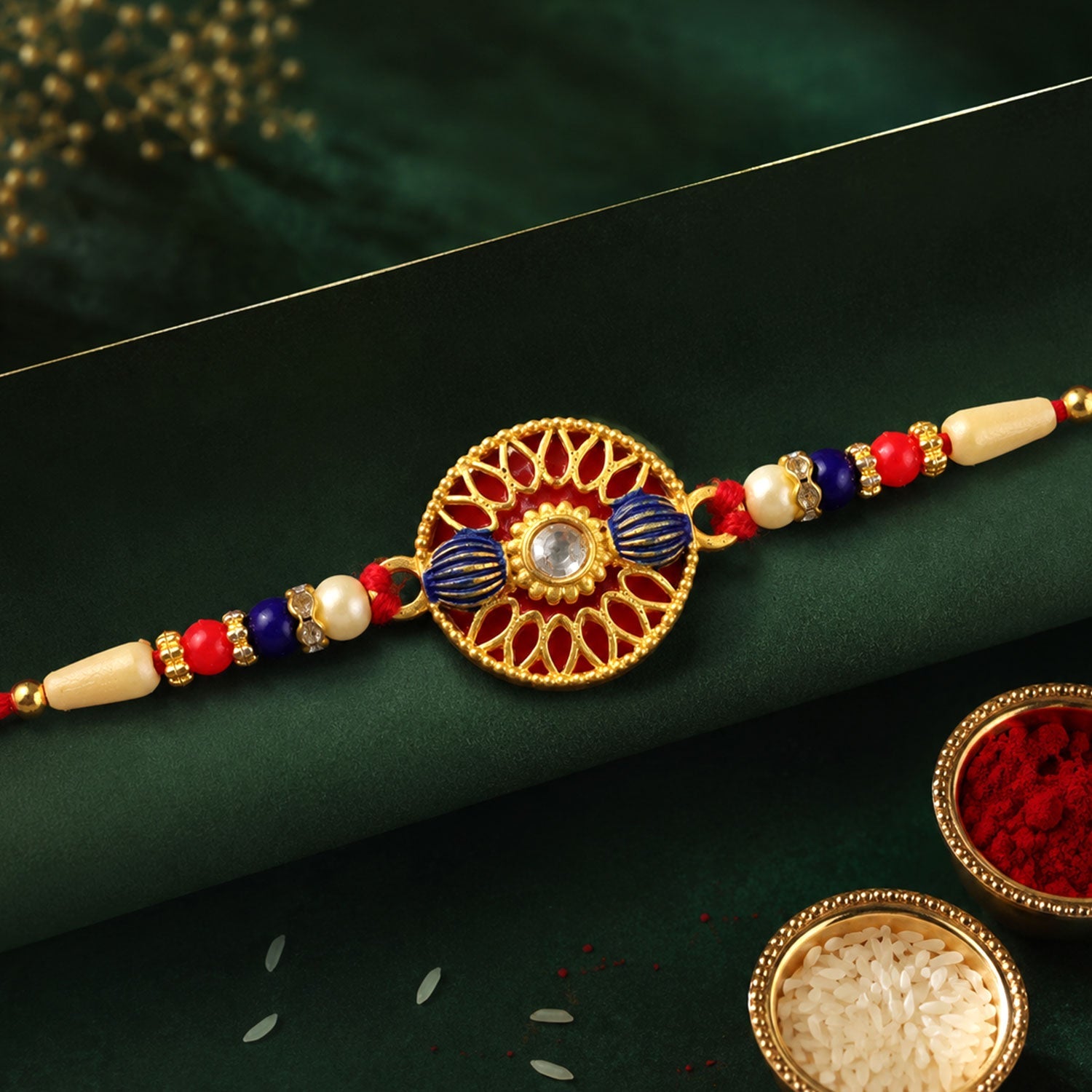 ALVENZA Golden Meenakari Kundan Rakhi for Brother - Festive Design