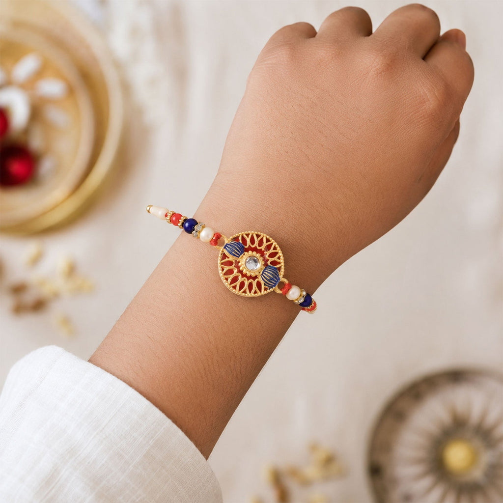 ALVENZA Golden Meenakari Kundan Rakhi for Brother - Festive Design