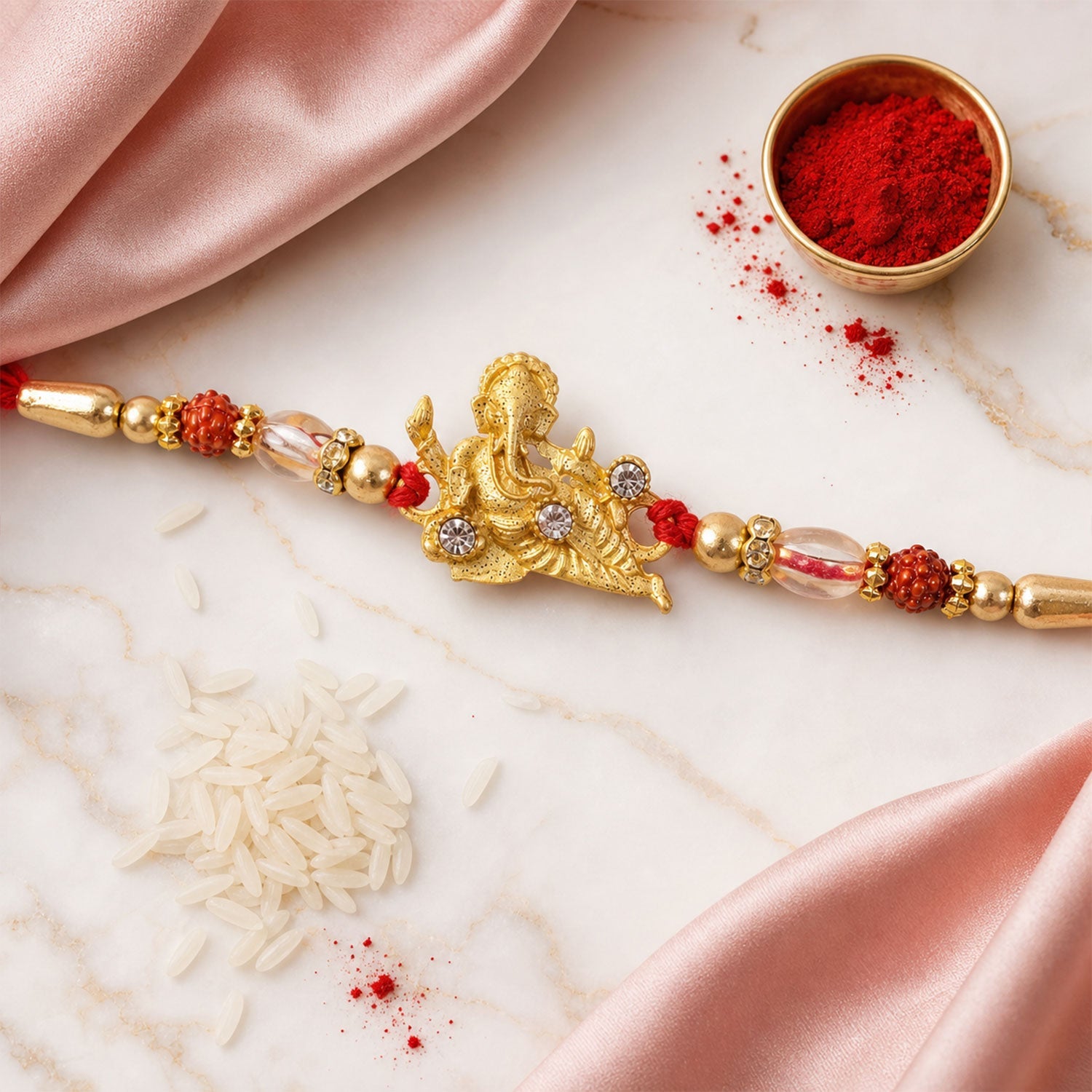 ALVENZA Ganesha Rakhi - Rudraksha & Pearl Beads for Brother