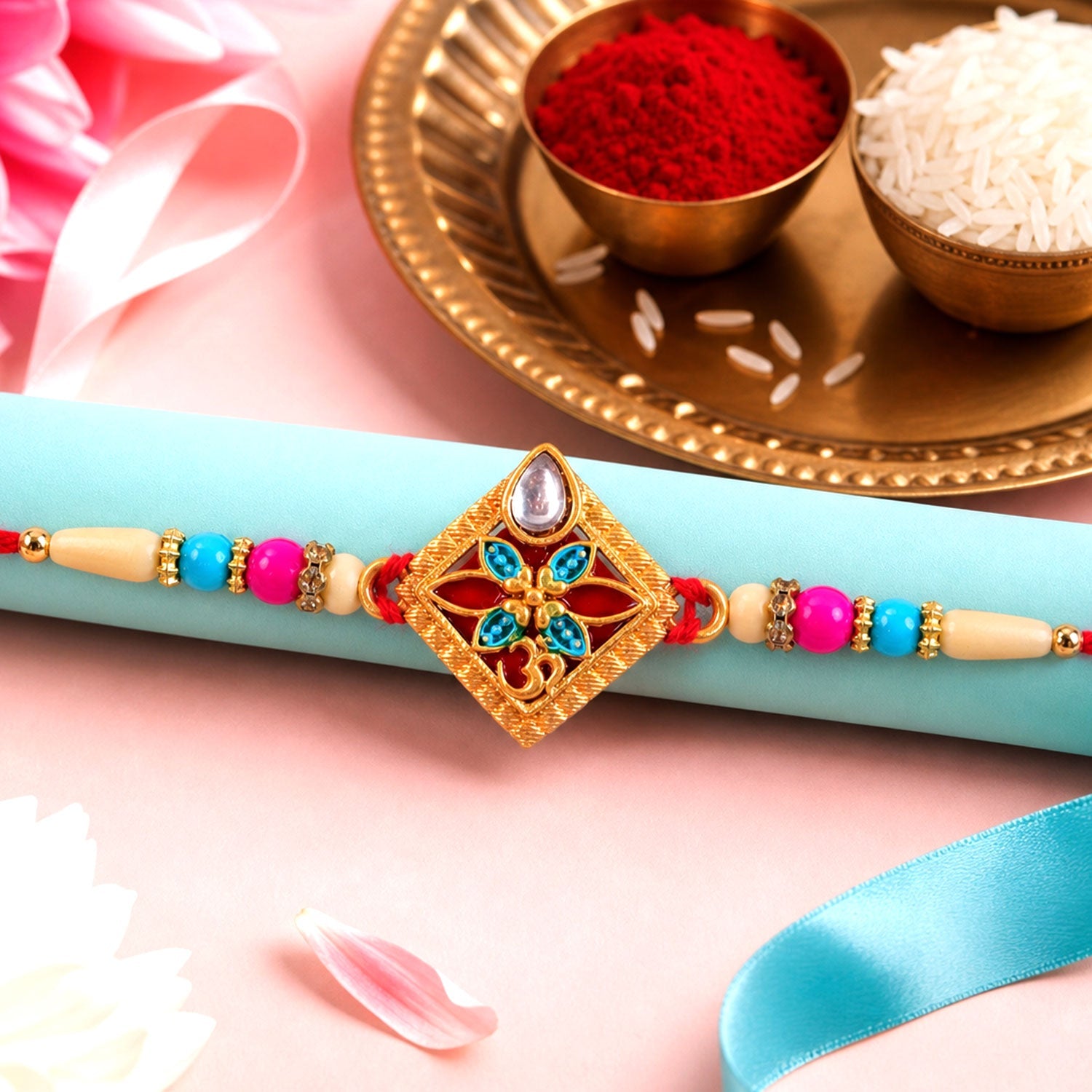 ALVENZA Diamond Shape Rakhi with Stone Embellishments and Beads