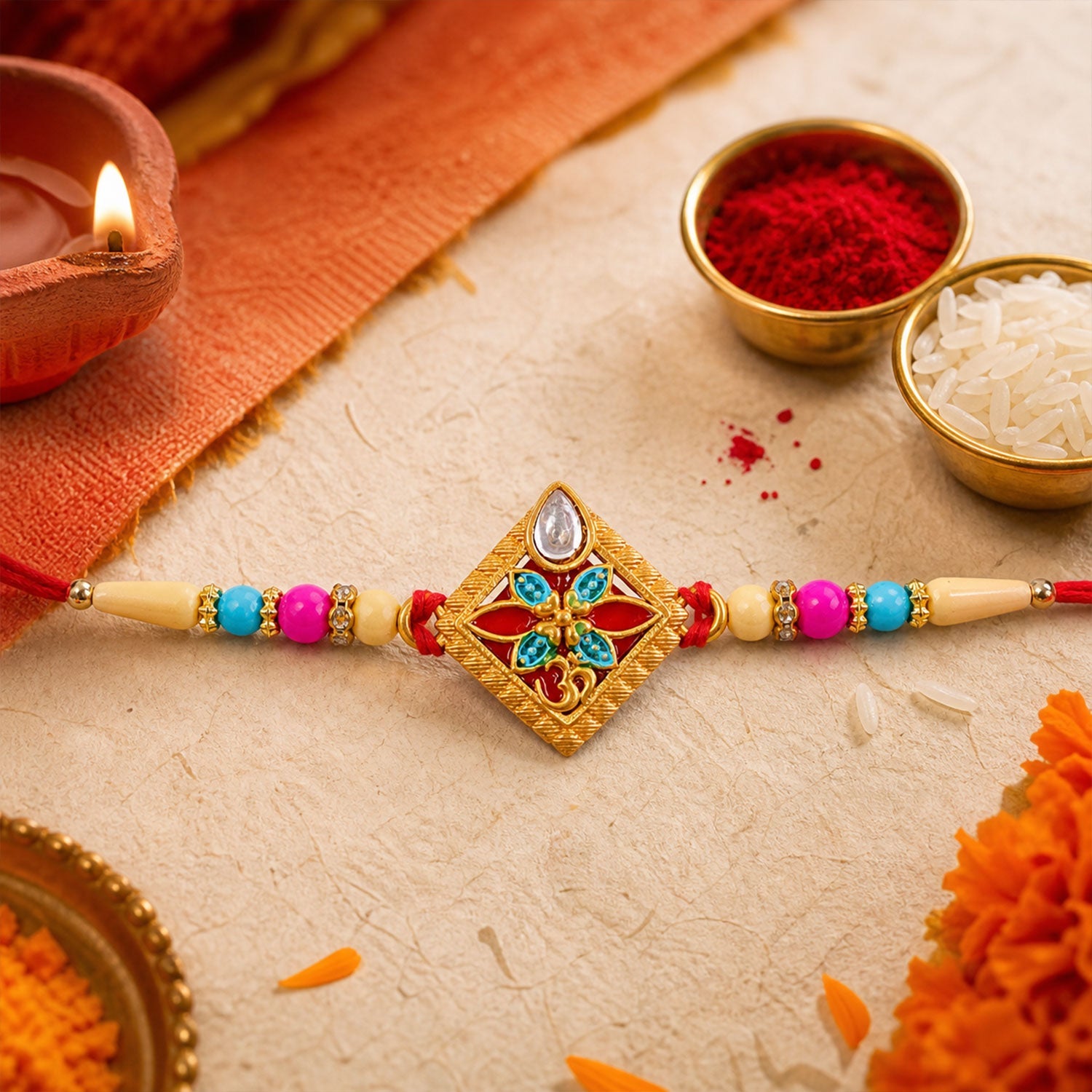 ALVENZA Diamond Shape Rakhi with Stone Embellishments and Beads