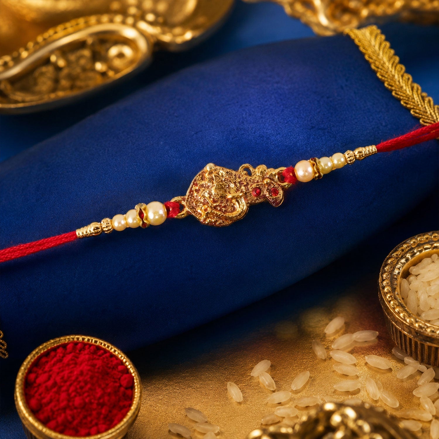 ALVENZA Golden Peacock Rakhi - Pearl Beads & Red Thread for Brother on Raksha Bandhan