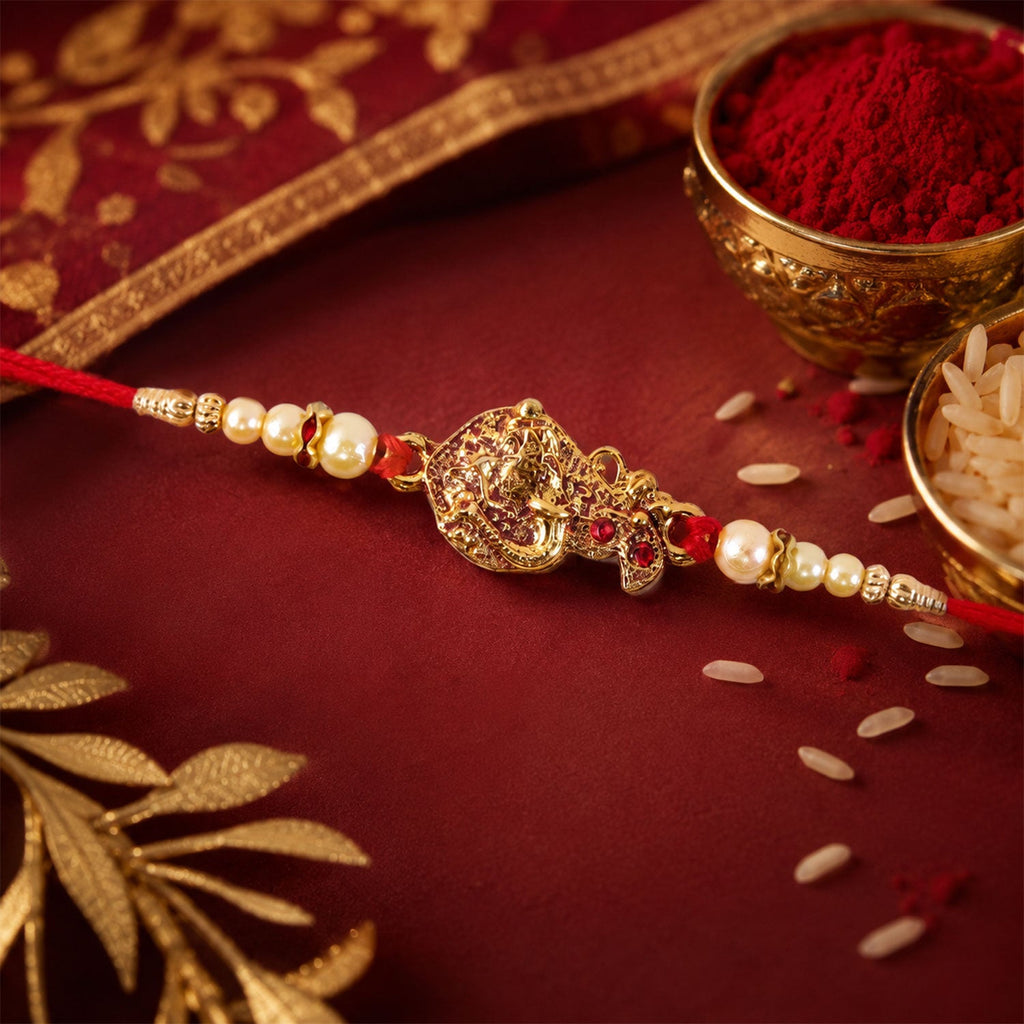 ALVENZA Golden Peacock Rakhi - Pearl Beads & Red Thread for Brother on Raksha Bandhan