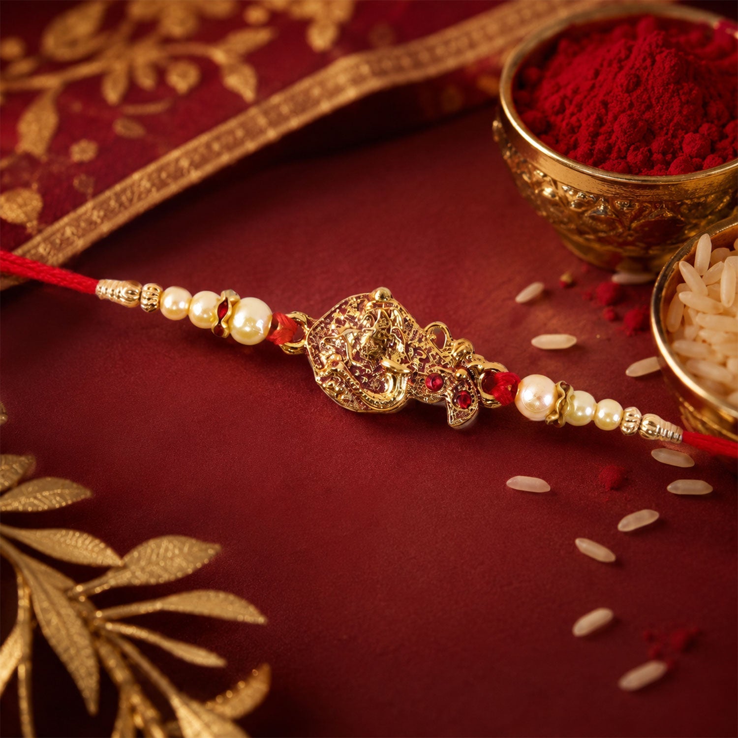ALVENZA Golden Peacock Rakhi - Pearl Beads & Red Thread for Brother on Raksha Bandhan