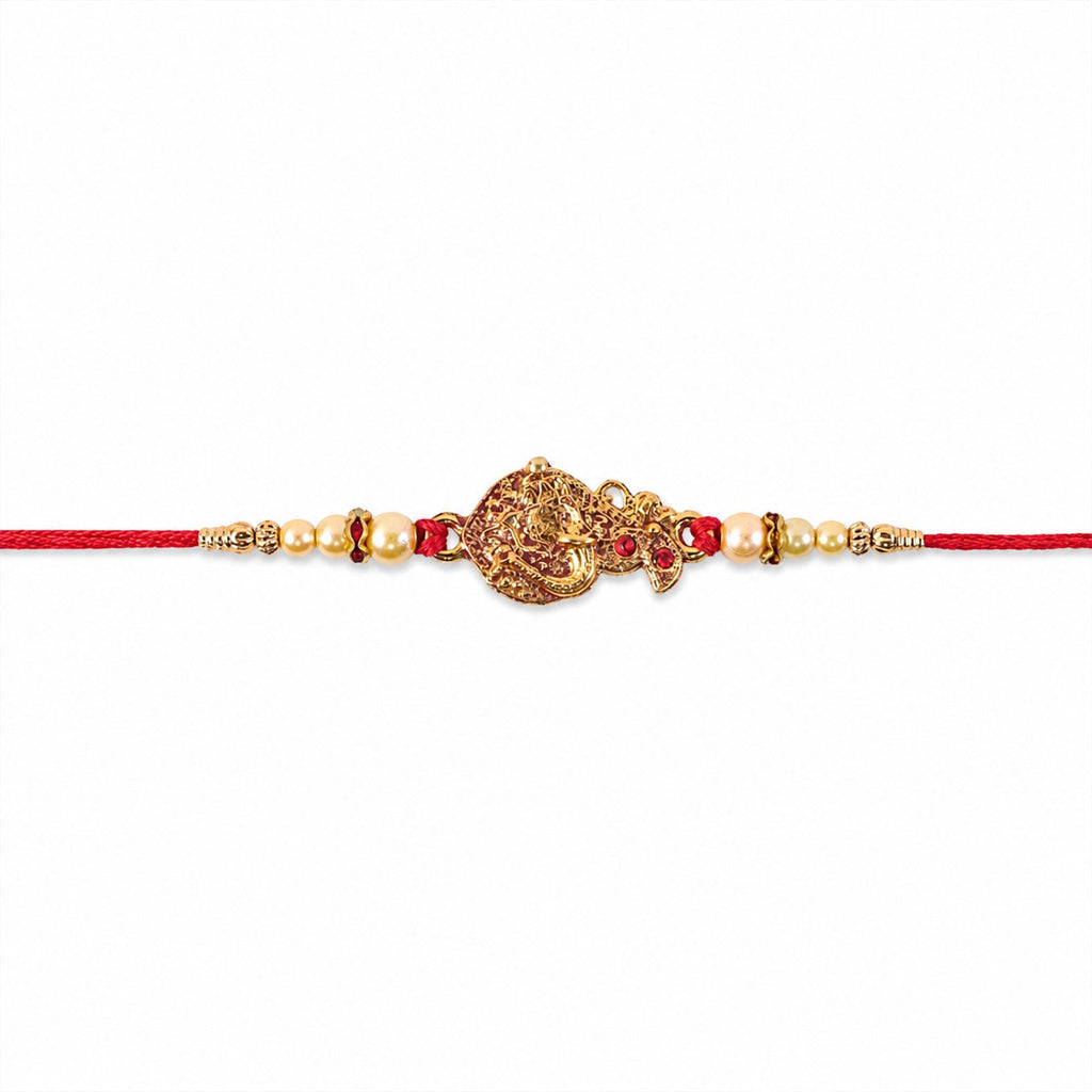 ALVENZA Golden Peacock Rakhi - Pearl Beads & Red Thread for Brother on Raksha Bandhan