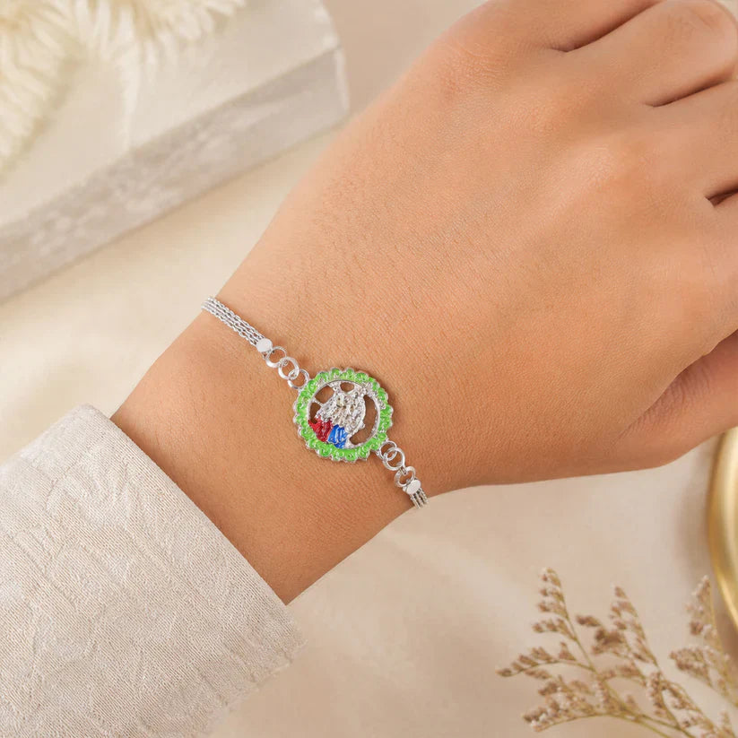 ALVENZA Silver Chain Rakhi with Radha Krishna Motif for Raksha Bandhan
