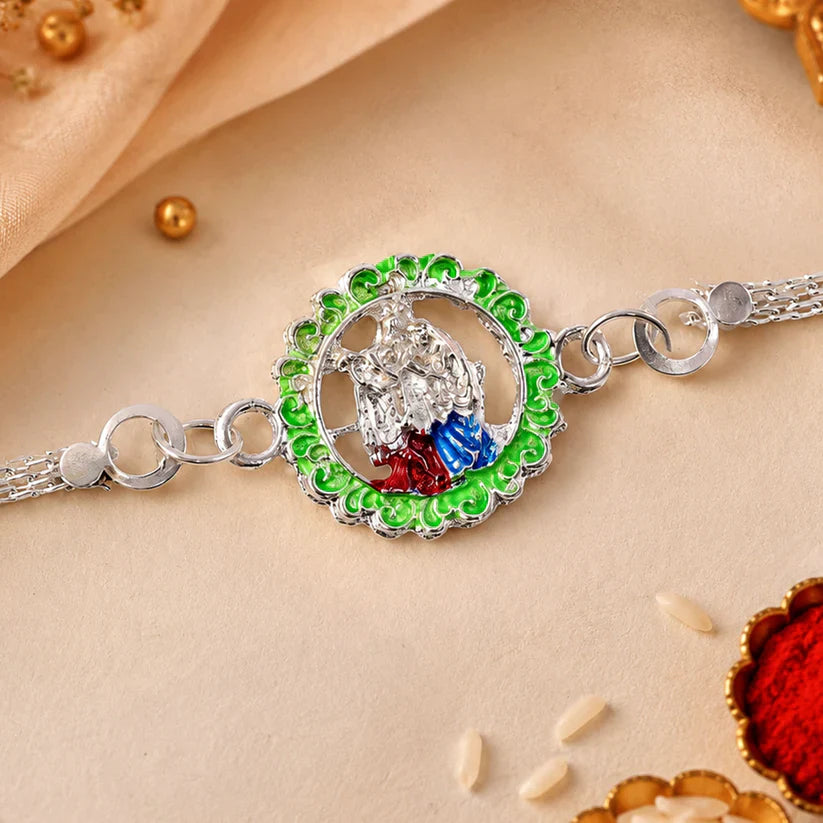 ALVENZA Silver Chain Rakhi with Radha Krishna Motif for Raksha Bandhan