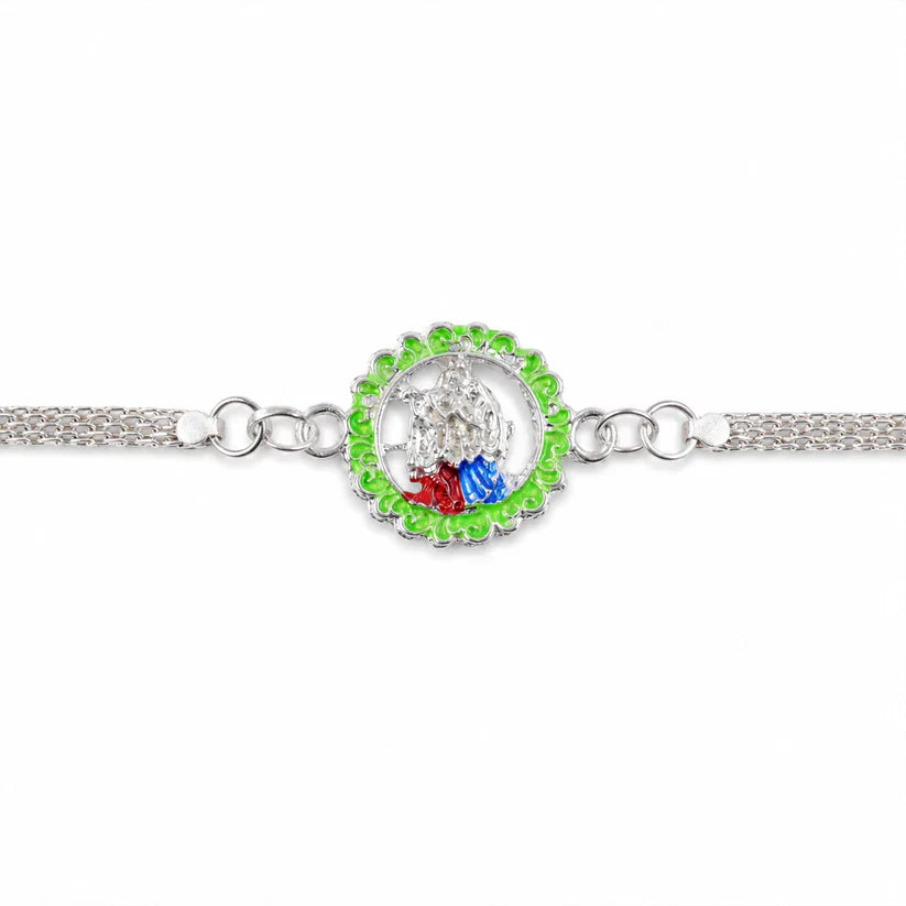 ALVENZA Silver Chain Rakhi with Radha Krishna Motif for Raksha Bandhan