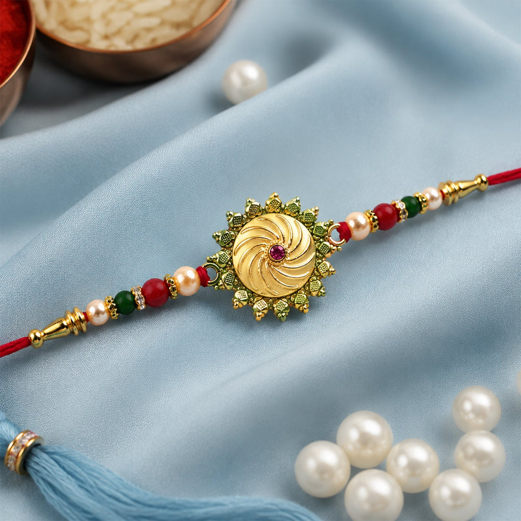 ALVENZA Round Shape Rakhi with Stone and Bead Work - Traditional Festive Design