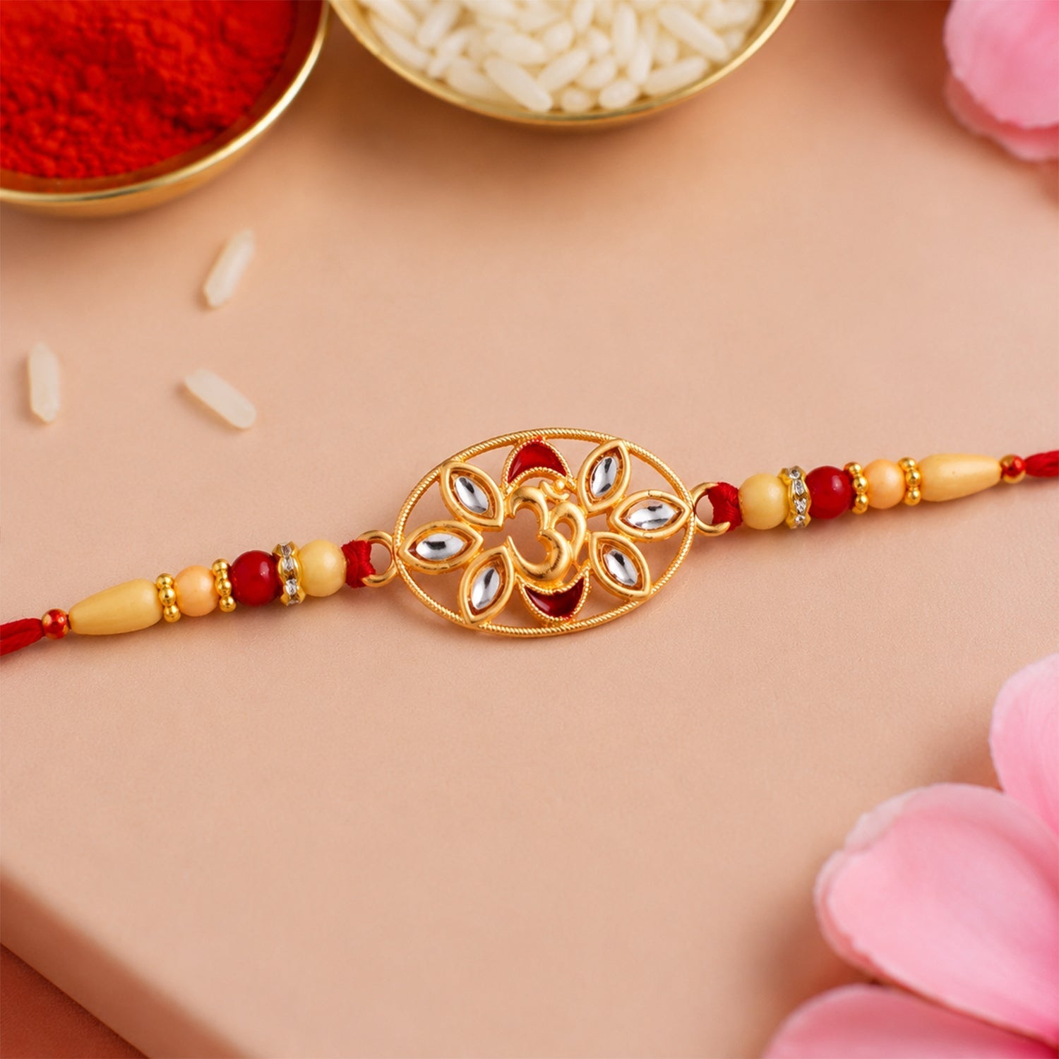 ALVENZA Om Kundan Rakhi - Elegant Pearl Bead Design for Brother