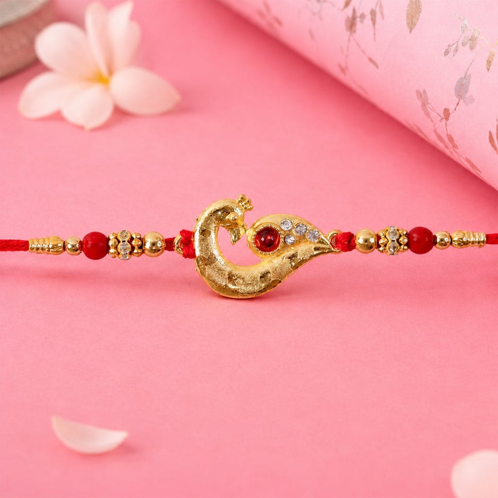 ALVENZA Peacock Feather Rakhi, Golden & Kundan Detailed Red Thread
