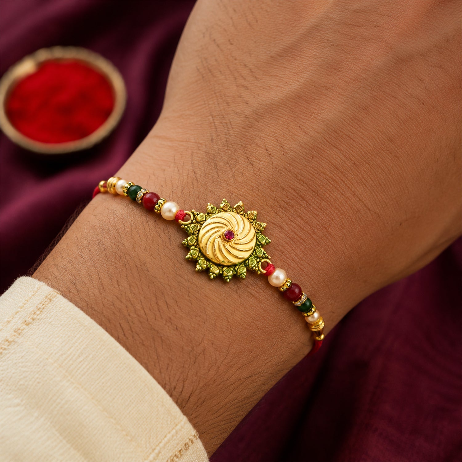 ALVENZA Round Shape Rakhi with Stone and Bead Work - Traditional Festive Design