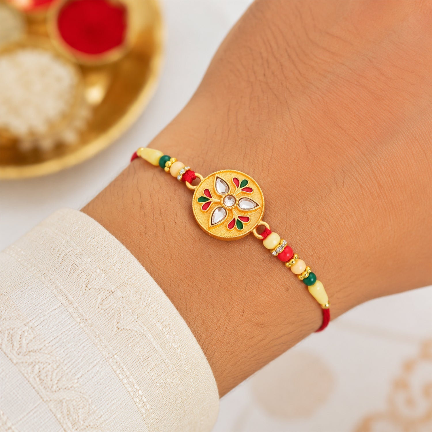 ALVENZA Kalash Rakhi - Sacred Design with Embellished Beads & Red Thread