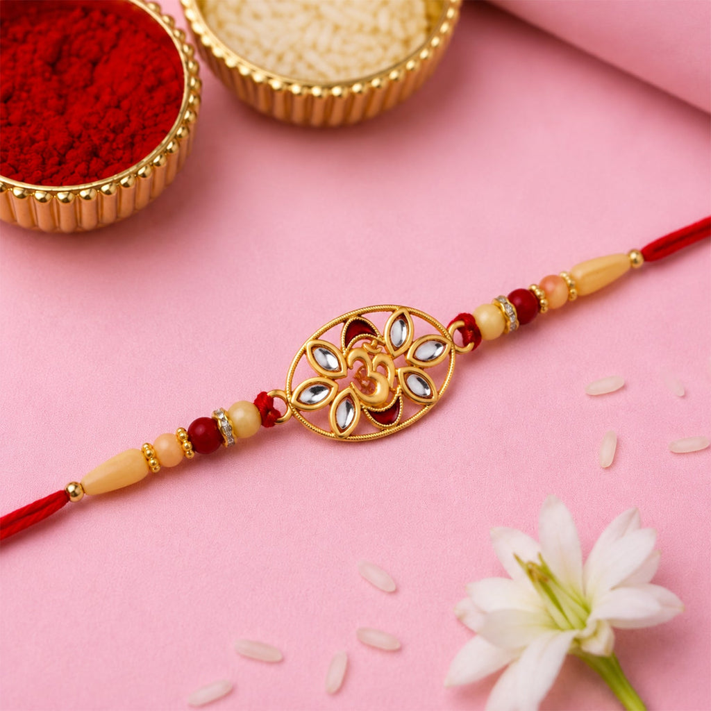 ALVENZA Om Kundan Rakhi - Elegant Pearl Bead Design for Brother