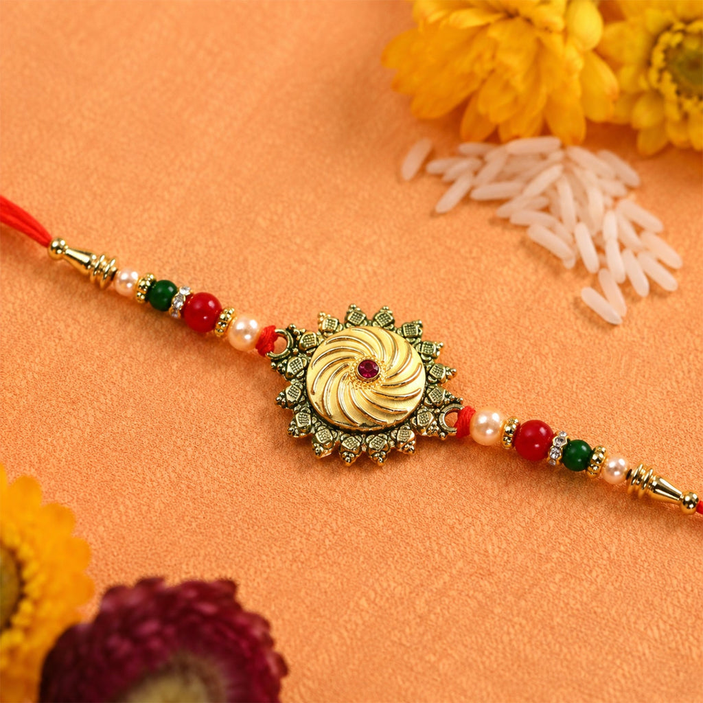 ALVENZA Round Shape Rakhi with Stone and Bead Work - Traditional Festive Design