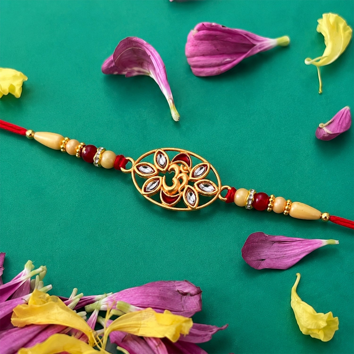 ALVENZA Om Kundan Rakhi - Elegant Pearl Bead Design for Brother