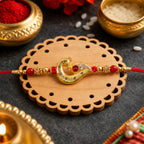 ALVENZA Peacock Feather Rakhi, Golden & Kundan Detailed Red Thread
