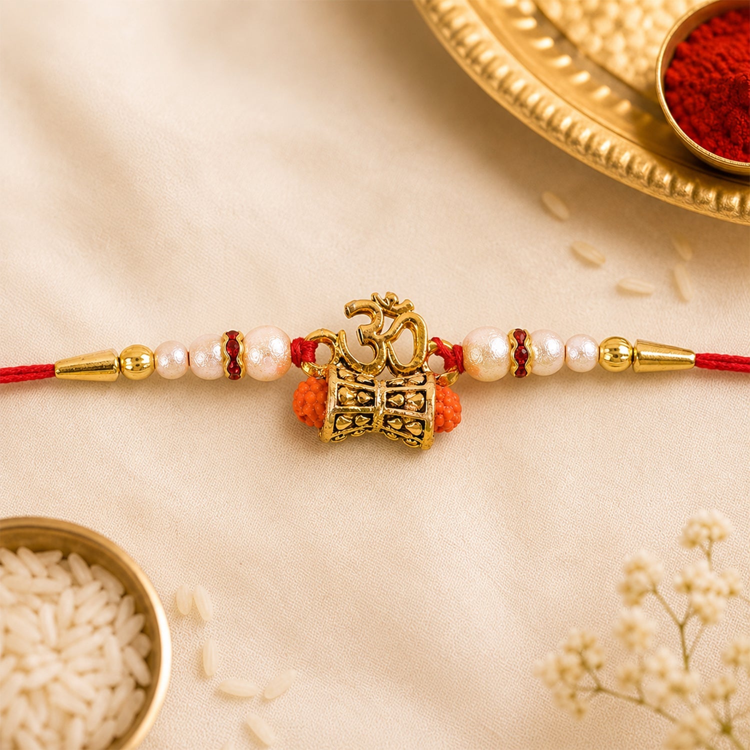 ALVENZA Golden Charm Rakhi - Pearl Beads, Red Thread for Brother