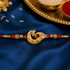 ALVENZA Peacock Feather Rakhi, Golden & Kundan Detailed Red Thread
