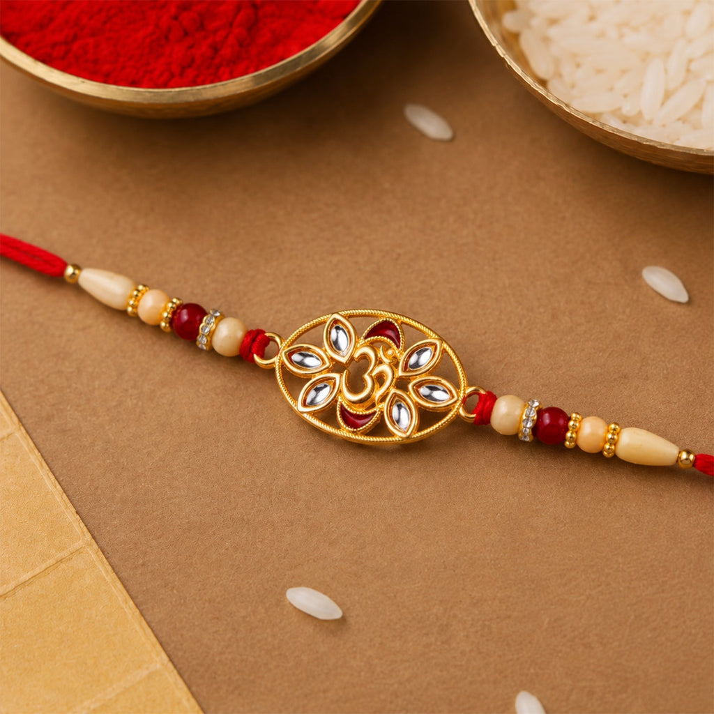 ALVENZA Om Kundan Rakhi - Elegant Pearl Bead Design for Brother