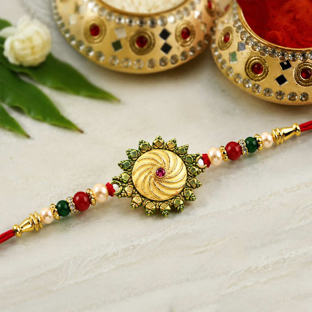 ALVENZA Round Shape Rakhi with Stone and Bead Work - Traditional Festive Design