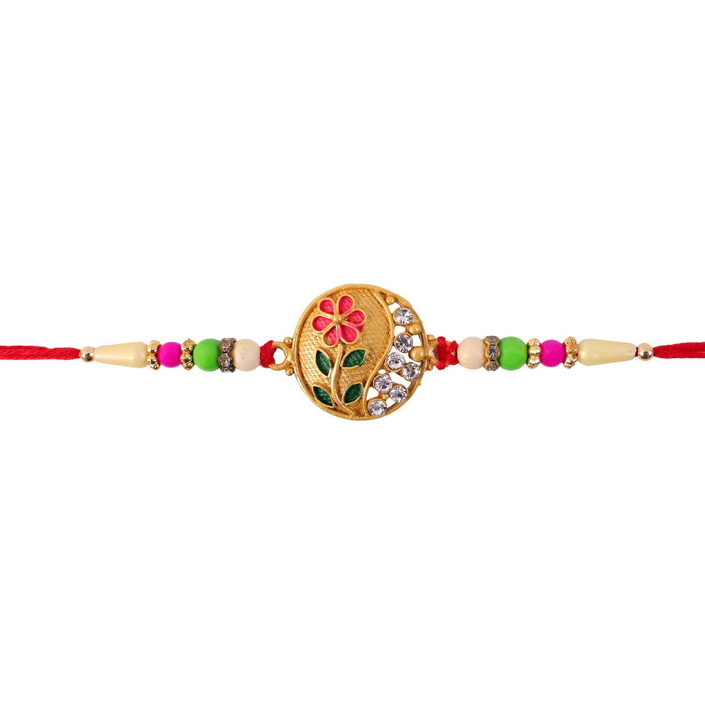 ALVENZA Flower Design Rakhi with Red and Green Beads - Festive Elegance