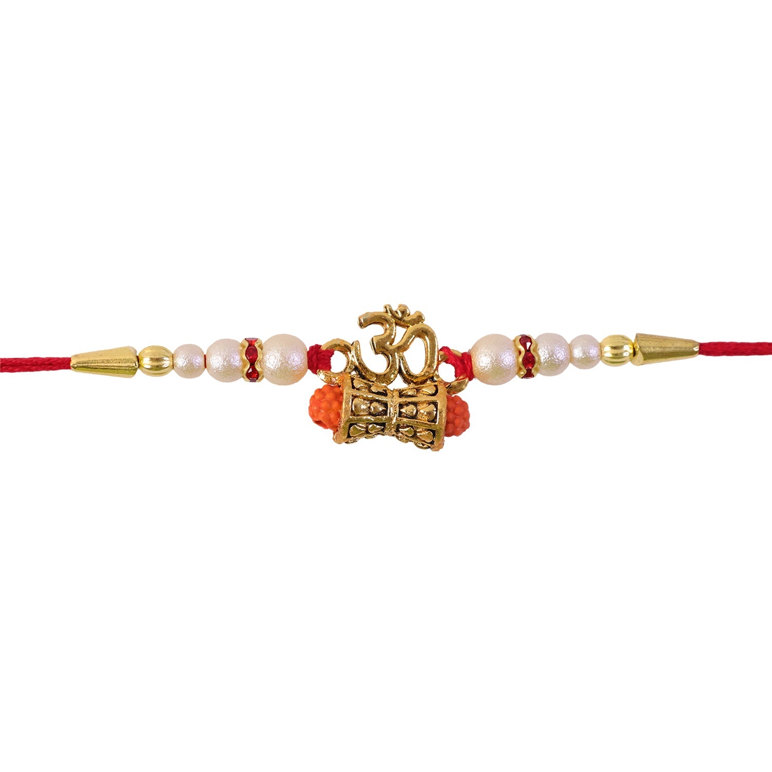ALVENZA Golden Charm Rakhi - Pearl Beads, Red Thread for Brother