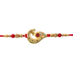 ALVENZA Peacock Feather Rakhi, Golden & Kundan Detailed Red Thread