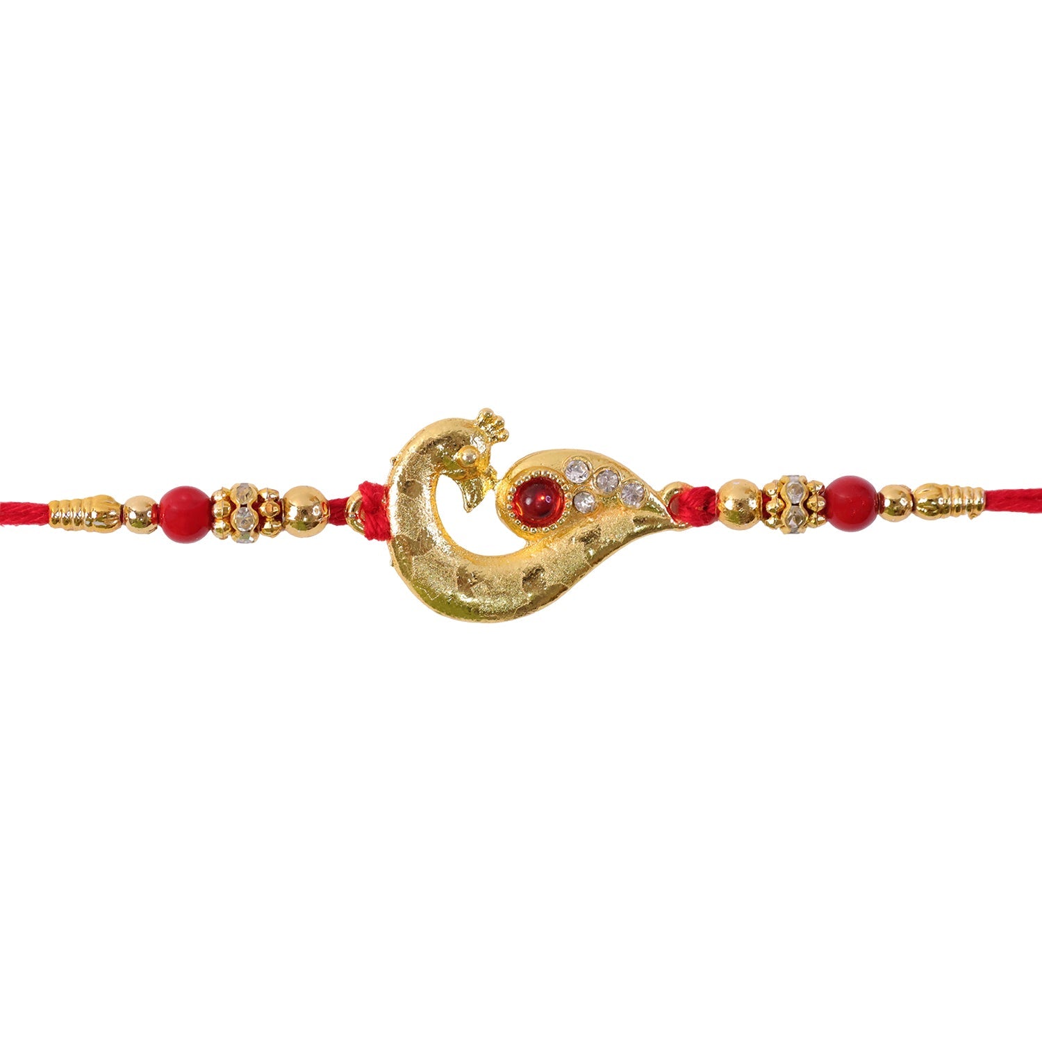 ALVENZA Peacock Feather Rakhi, Golden & Kundan Detailed Red Thread