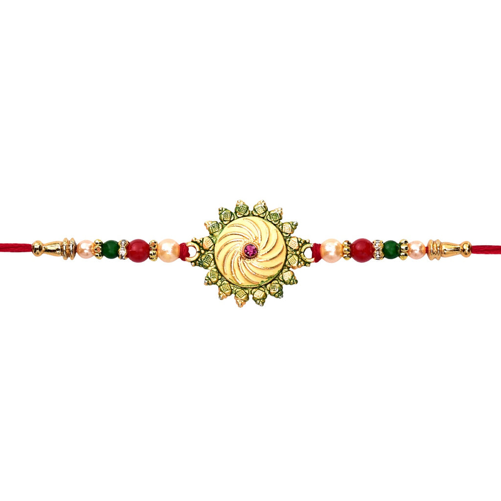 ALVENZA Round Shape Rakhi with Stone and Bead Work - Traditional Festive Design