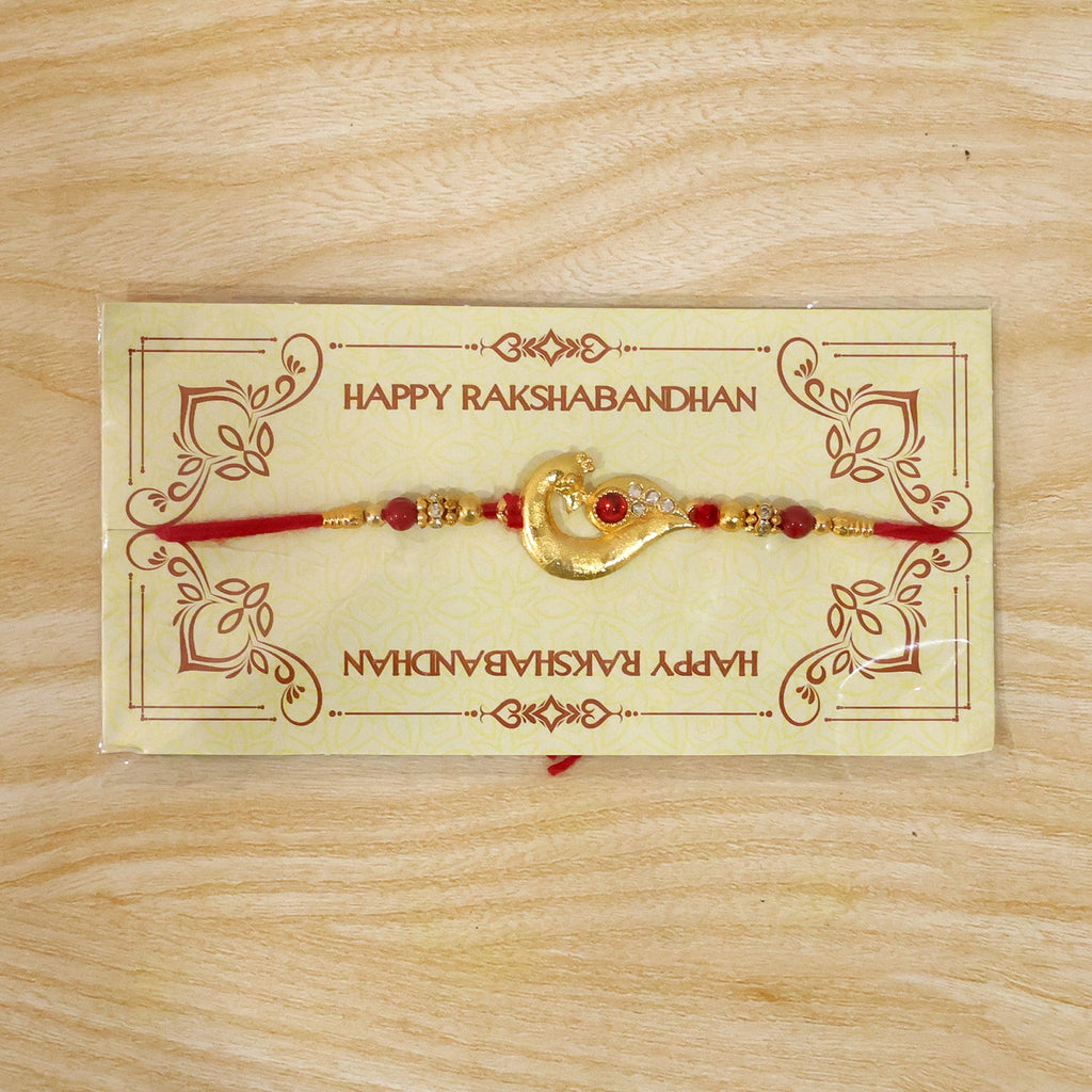 ALVENZA Peacock Feather Rakhi, Golden & Kundan Detailed Red Thread