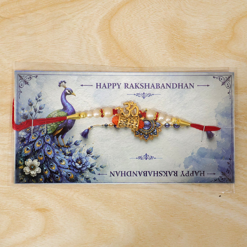 ALVENZA Golden Charm Rakhi - Pearl Beads, Red Thread for Brother