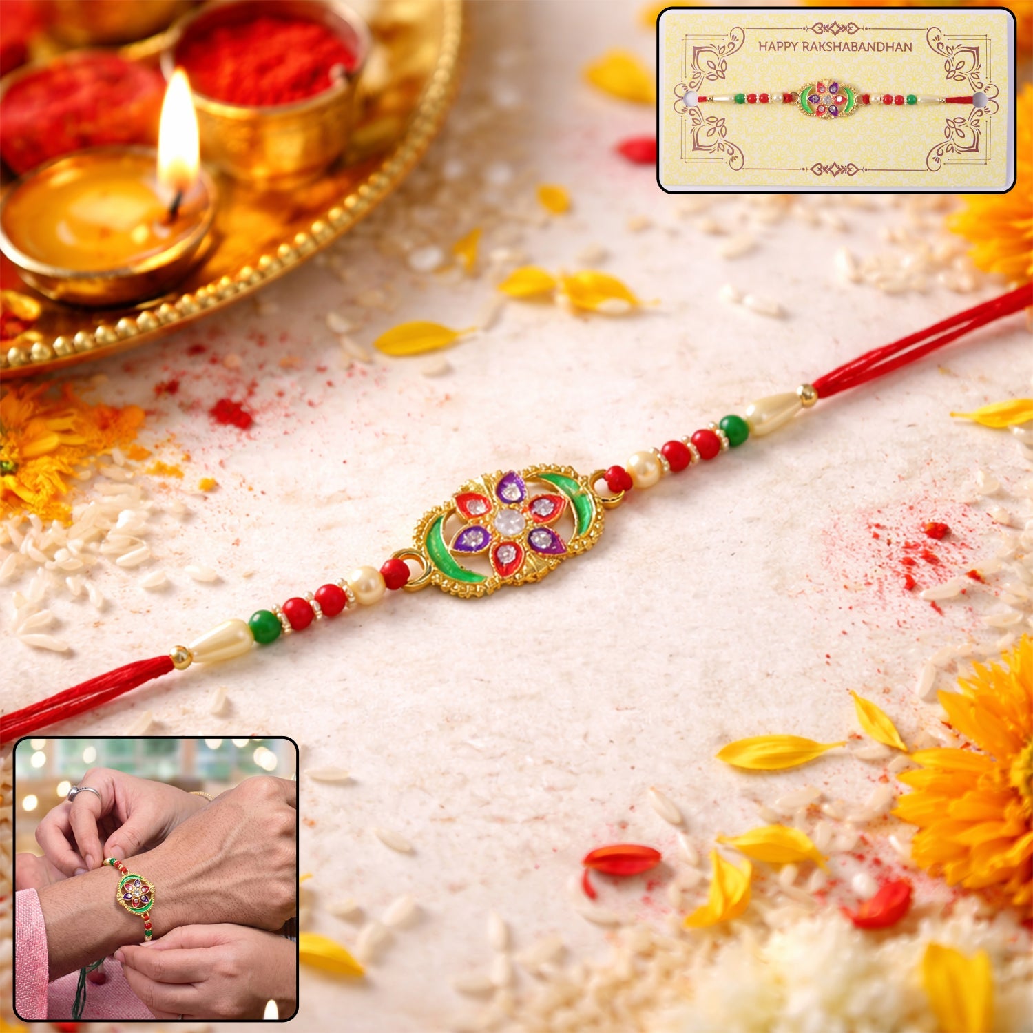 ALVENZA Rakhi – Elegant multicolor stone-studded designer bracelet for Bhai