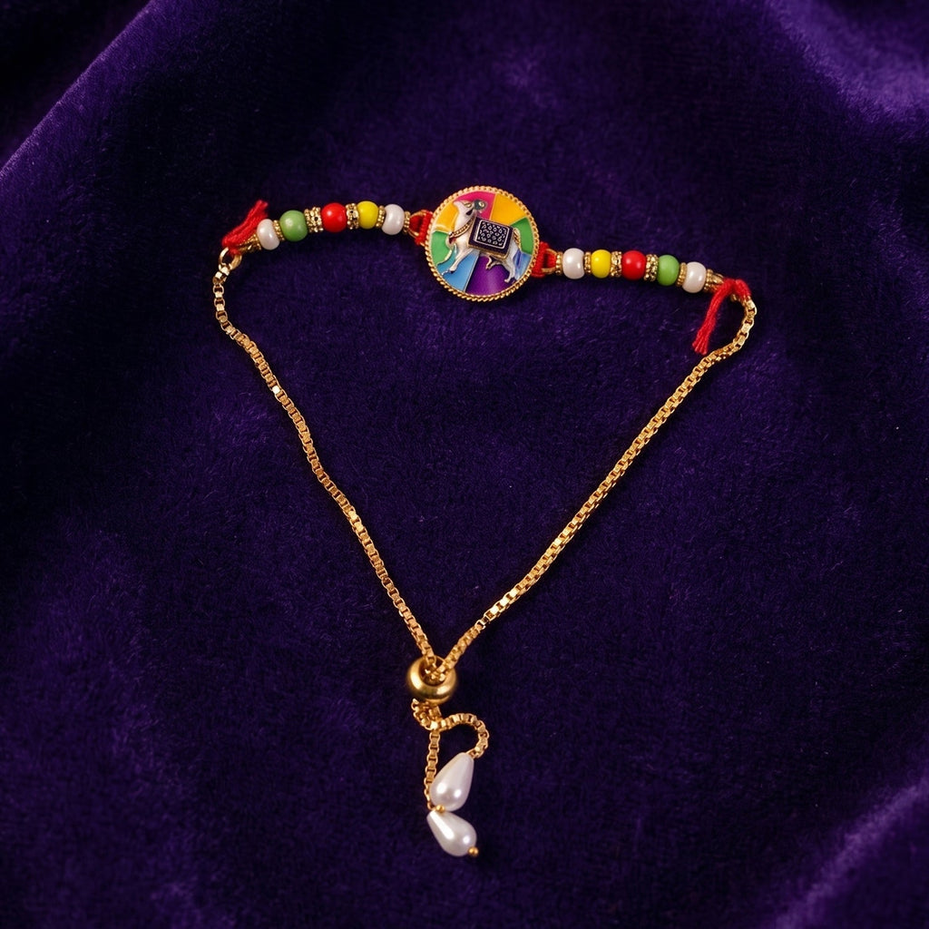 ALVENZA Premium Traditional Cow Motif lumba Rakhi – Vibrant Beads & Soft Thread Darling