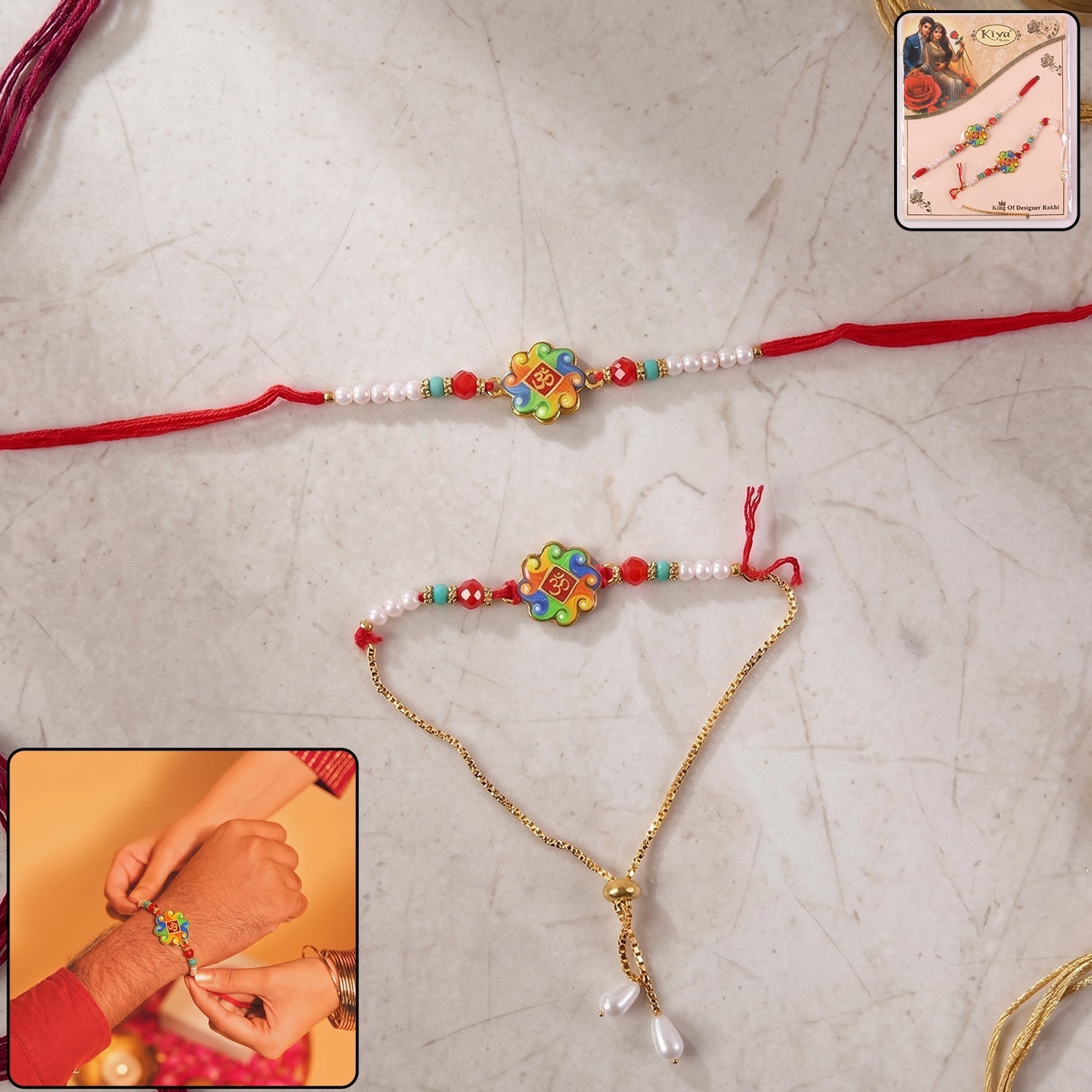 ALVENZA Premium Om Symbol Lumba Rakhi – Pearl Beads and Comfortable Thread for Brothers