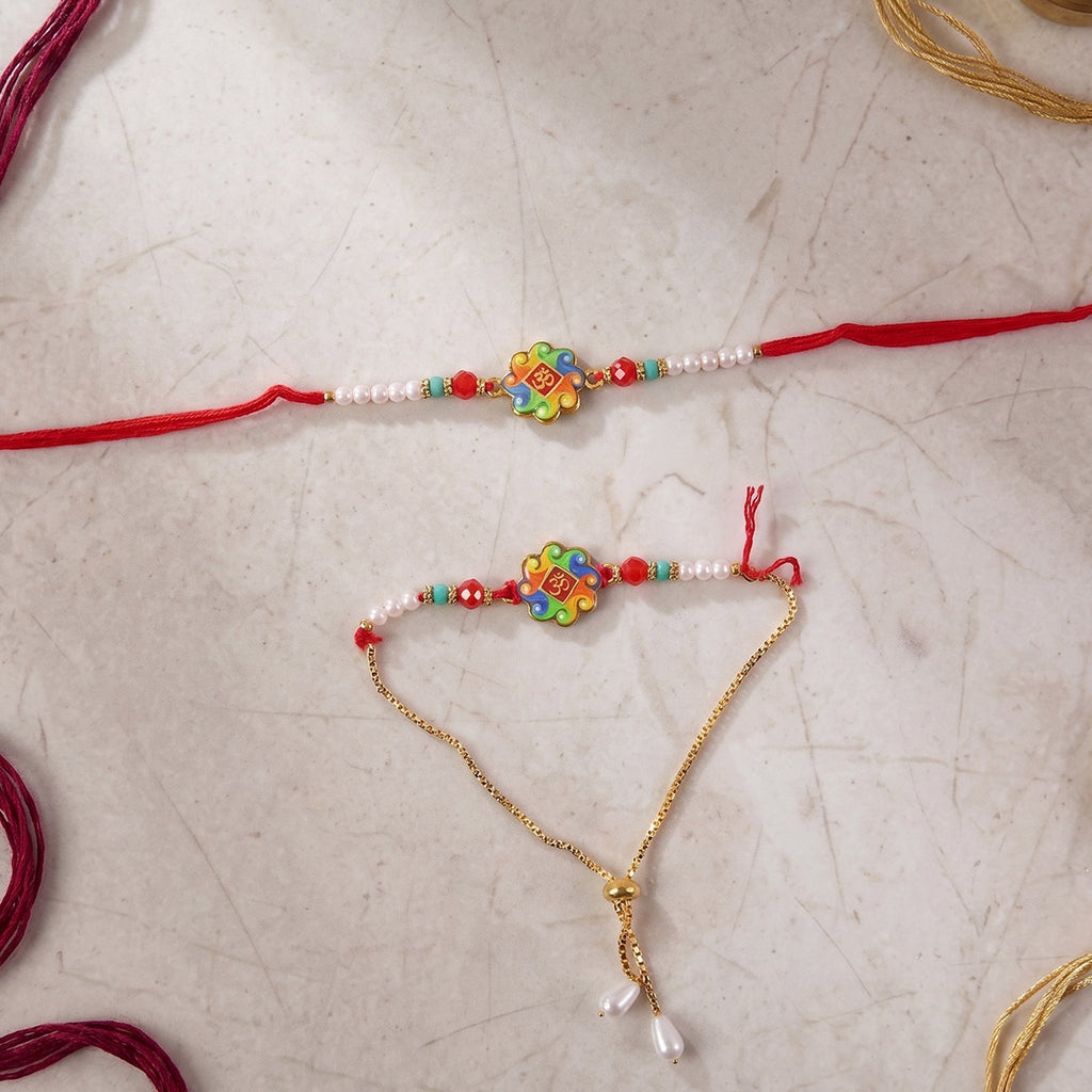 ALVENZA Premium Om Symbol Lumba Rakhi – Pearl Beads and Comfortable Thread for Brothers