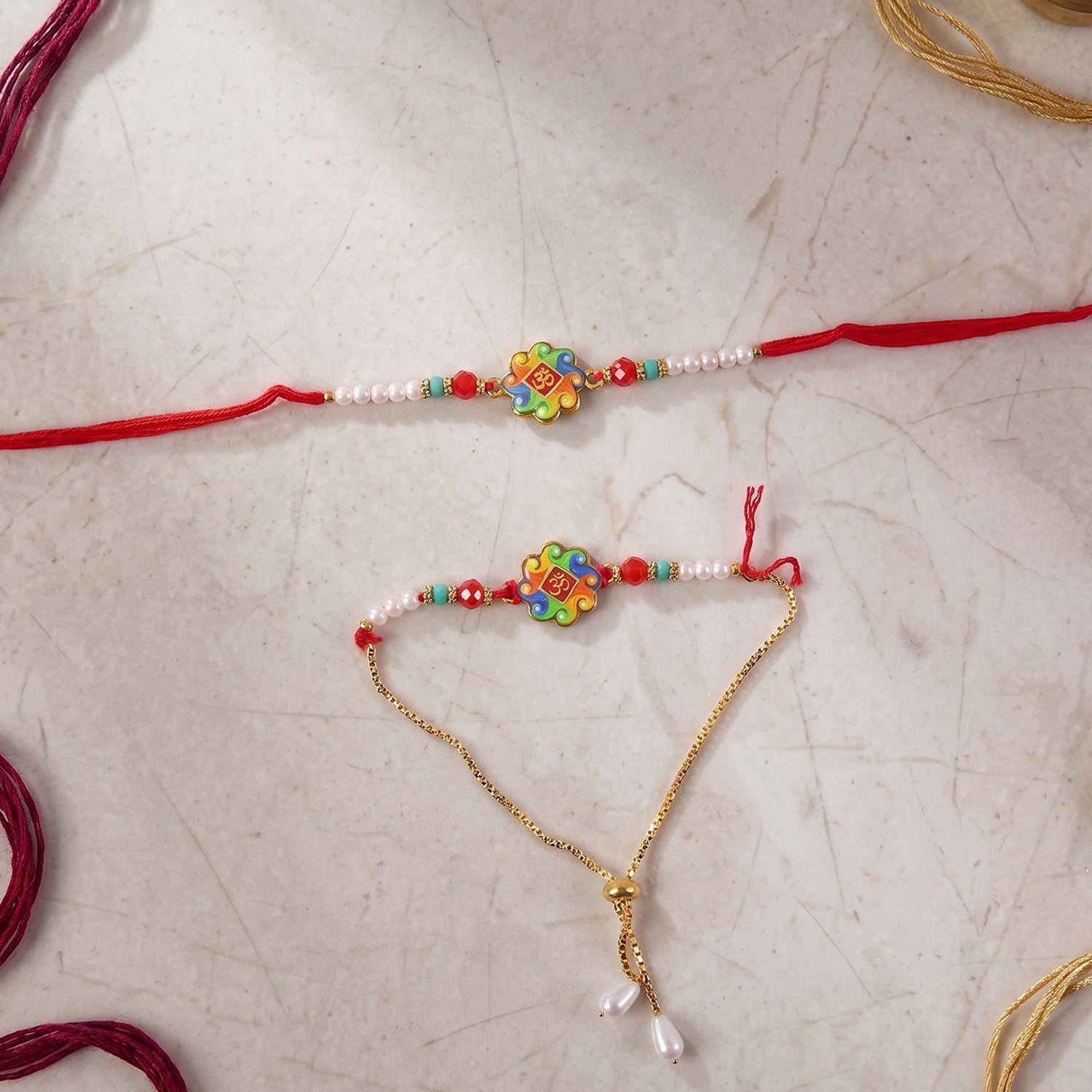 ALVENZA Premium Om Symbol Lumba Rakhi – Pearl Beads and Comfortable Thread for Brothers